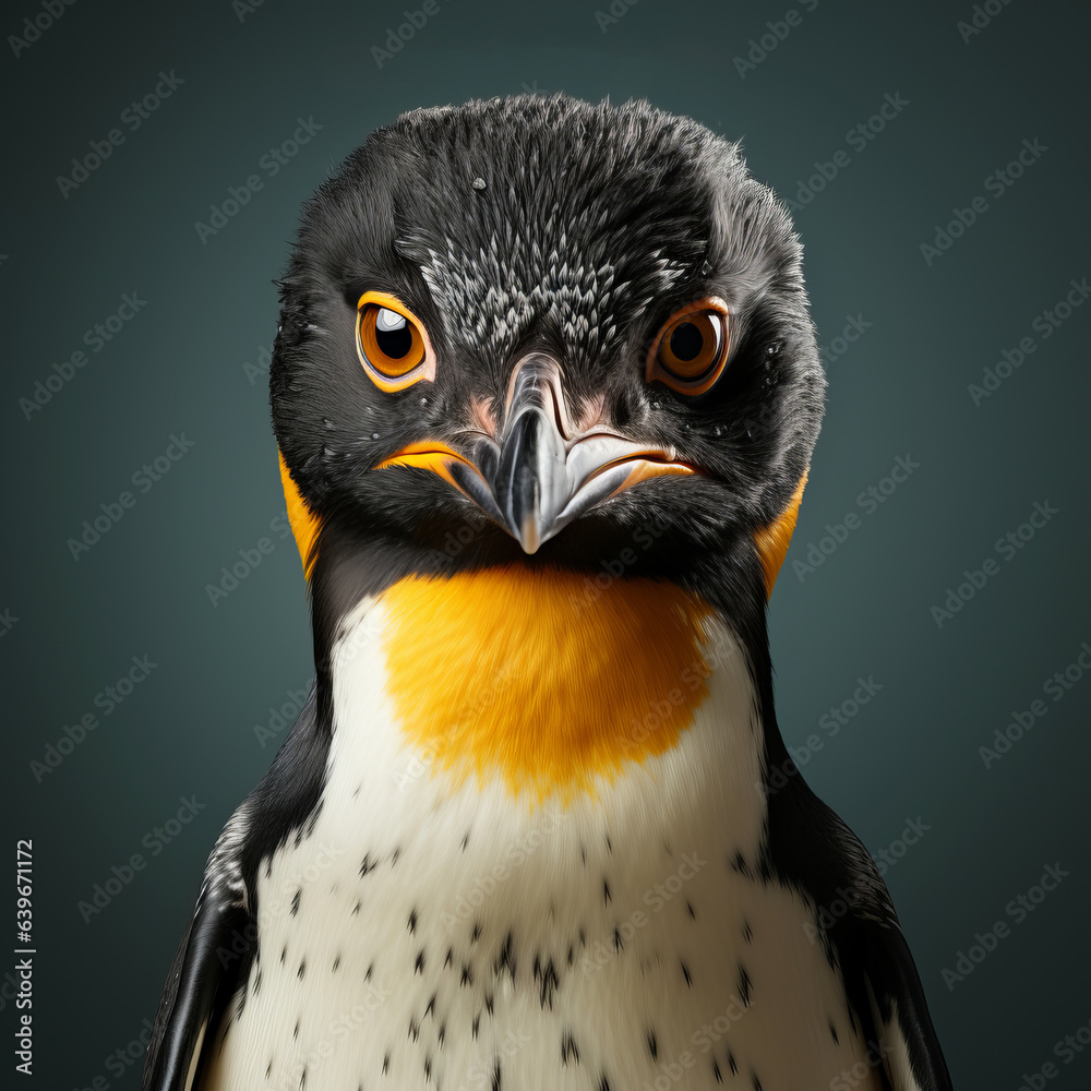 Naklejka premium Penguin on a minimal background. Large flightless bird in cold climates. Floating birds. copyspace. Concept: poster and design on the theme of the protection of animals and their habitat. 