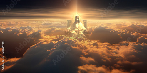 Jesus Christ the saviour sits above the clouds in heaven on a throne. Bright golden light eminates from his prescence © Nick