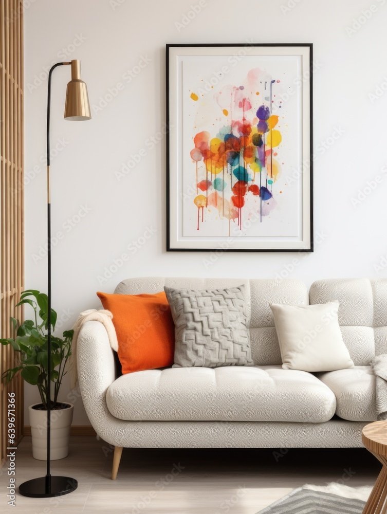 Fototapeta premium White sofa and colorful cushion and cute art poster on white wall. Interior design of mid-century living room