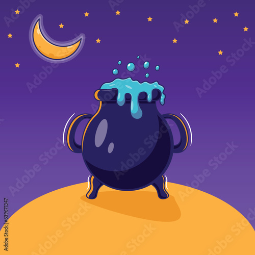 Flat cartoon design of witch cooking equipment for halloween party
