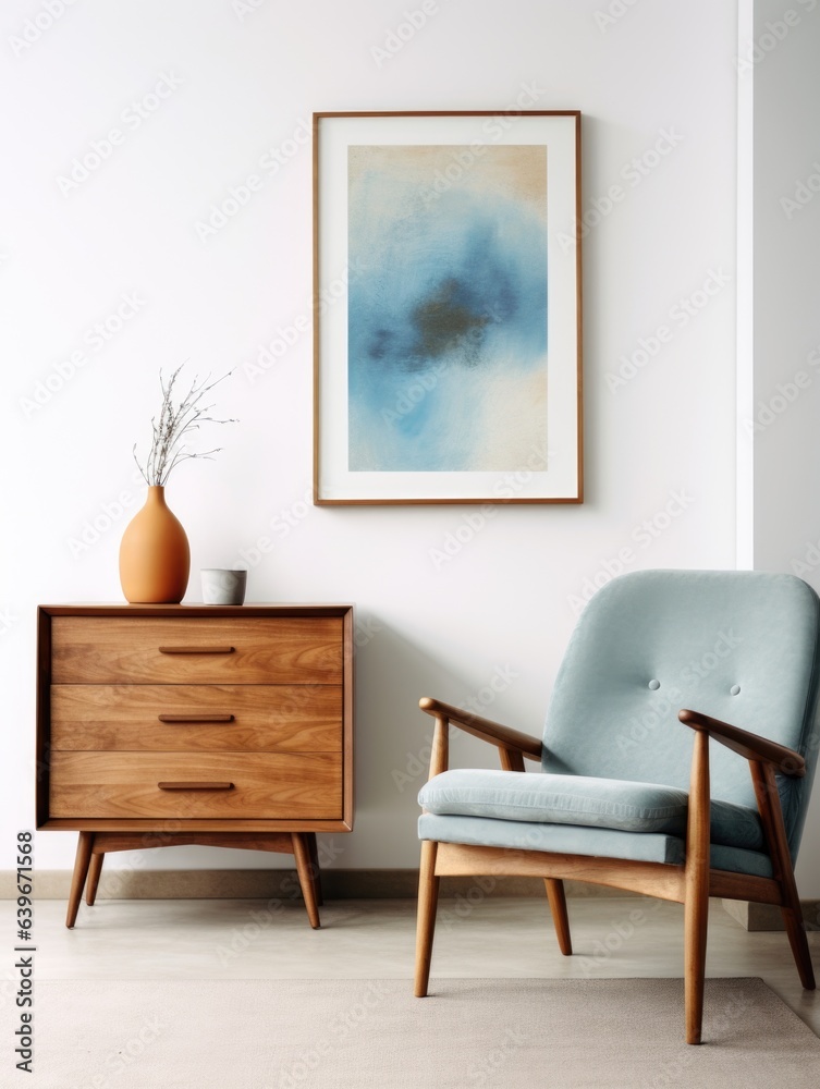 Wooden chest of cute drawers and blue chair against white wall with art poster frame. Mid century style interior design of modern living room Wooden chest of cute drawers and blue chair against white wall with art poster frame. Mid century style interior design of modern living room