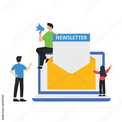 Subscribe now to our newsletter vector illustration with tiny people working with envelope and newsletter Buttons template Subscribe, submit Send by mail Follow me Business model newsletters content 
