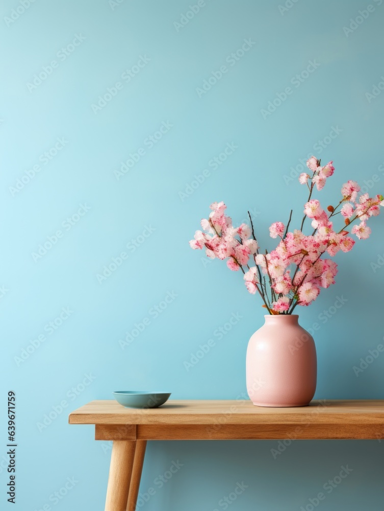 Wooden table with flowers in cute vase over blue and pink wall background