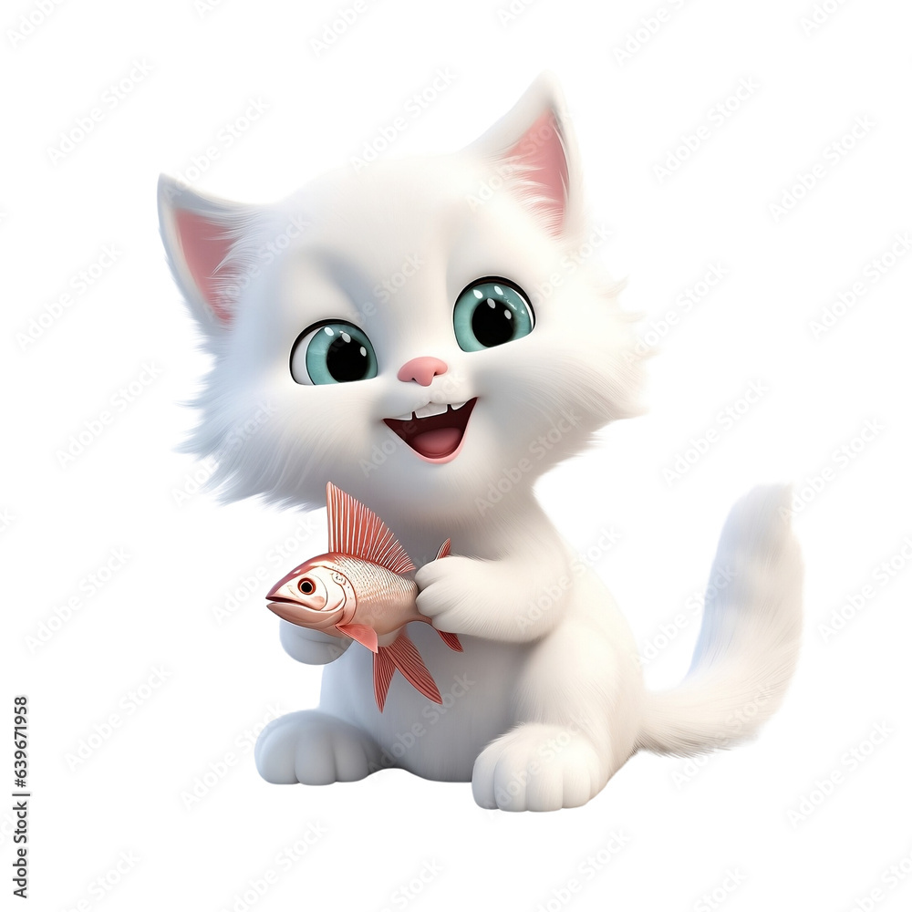 A 3D illustration of a joyful white kitten holding a fish, depicting a scene of playful innocence and curiosity.
A 3D illustration of a joyful white kitten holding a fish, depicting a scene of playful innocence and curiosity.