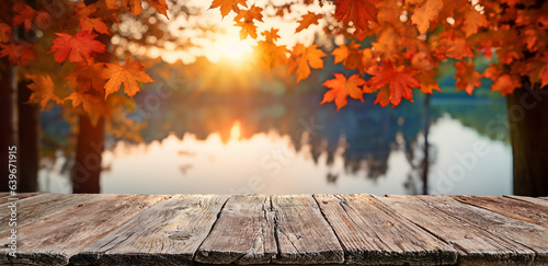 Fototapeta Naklejka Na Ścianę i Meble -  landscape with fall leaves and old wooden board, autumn natural background in forest lake