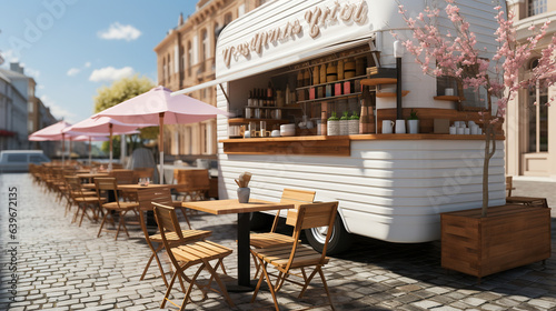 Chill and Charm. Exploring the Ice Cream Van Hub with Wooden Tables and Chairs. Generative AI © Ilham