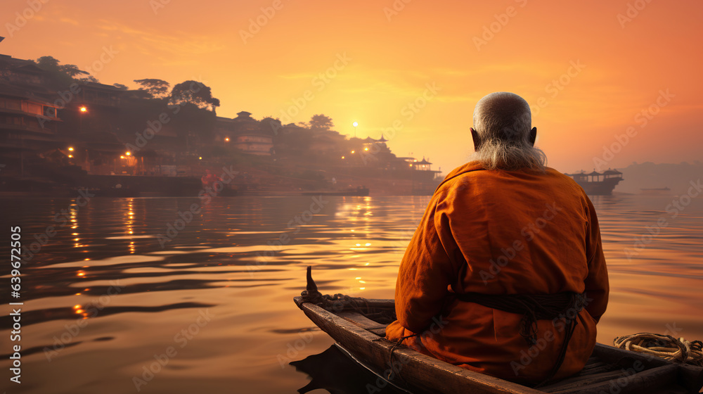Old Man's Contemplative Sunset Cruise on the Ganges. Generative AI - obrazy, fototapety, plakaty 