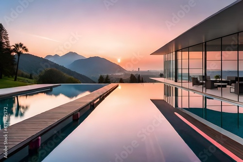 Modern house in made of glasses with pink sky