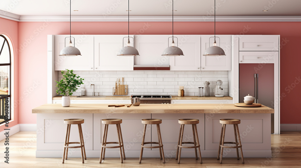 The Charm of a Pink Kitchen with White Cabinets and Kitchen Island. Generative AI - obrazy, fototapety, plakaty 