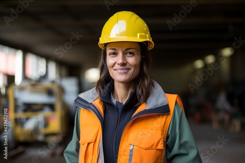 Portrait of confident female worker with yellow helmet standing in industrial warehouse photo