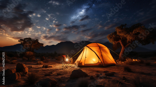 Camping Beneath the Milky Way's Enchanting Glow. Generative AI