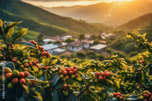 Coffee beans ripening in a picturesque lush highland coffee plantation photo