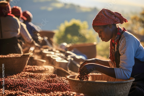 Coffee farmers sorting freshly harvested Arabica coffee beans in a cooperative in African highlands photo