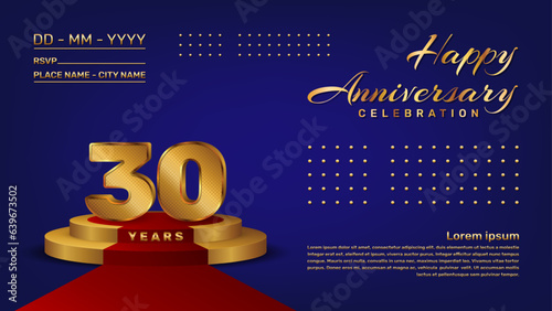 30th anniversary celebration vector template with 3D numbers style and golden stage, Vector template
