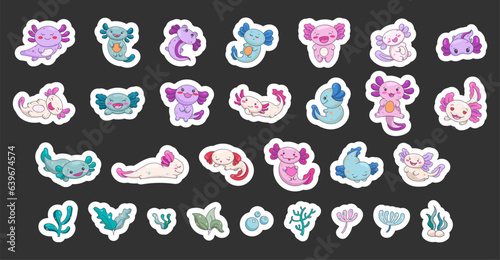 Axolotl cute kawaii character. Underwater plants and algae. Sticker Bookmark. Vector illustration. Collection design elements.