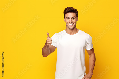 Portrait of a happy young male with a positive smile, and white teeth, looking happily at the camera, white t shirt mockup, blank white t-shirt mockup, Happily pointing left