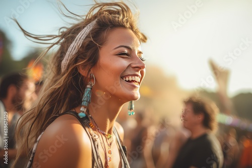 A free spirit happy woman at a music event fair amusement