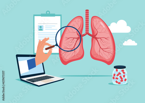 Computer respiratory system examination and treatment. Anatomy, medicine, healthcare. Vector illustration. 