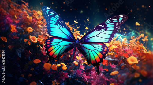 Butterfly flying over a garden - Butterfly in a garden - Monarch butterfly - Colorful garden with butterfly - Created with Generative AI technology. © Graxaim
