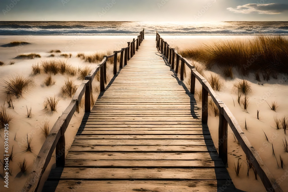 a wooden boardwalk stretching across the sand, leading towards the water's edge