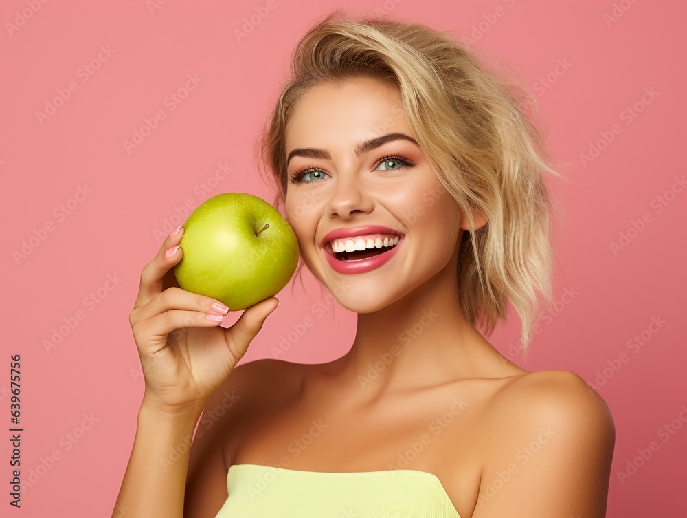 Beautiful happy woman in bright yellow top biting green crispy apple isolated on pink background, with copy space, concept of happiness, healthy food and losing weight. Beautiful happy woman in bright yellow top biting green crispy apple isolated on pink background, with copy space, concept of happiness, healthy food and losing weight.
