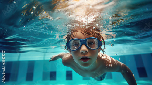 Generative AI, child, boy or girl swimming in the pool, swimming training, sports lifestyle, kids sports activities, childhood, water sports, emotions, kids swim