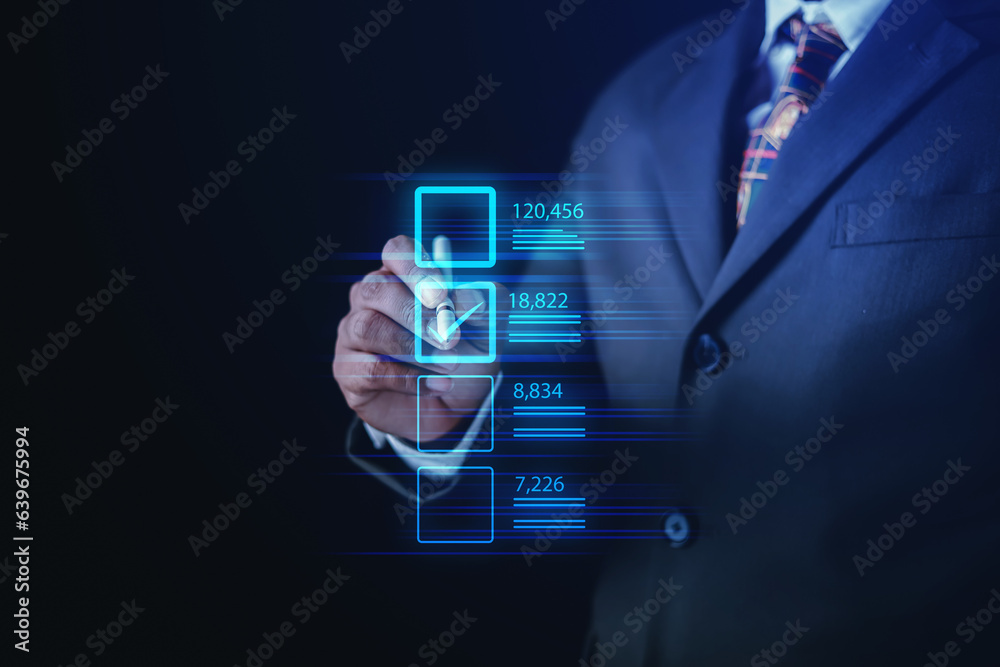 Fototapeta premium concept project approval technology , businessman using a pen to mark the correct checkboxes. 