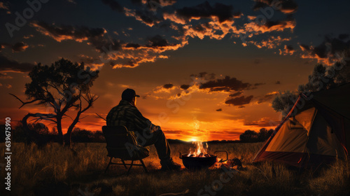Man camping with tent and campfire - Man watching sunset at campsite - Created with Generative AI technology.
