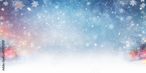 Winter themed background featuring a blue and white gradient with white snowflakes and red, orange, and yellow bokeh lights scattered throughout creating a soft and dreamy feel. © Arma Design