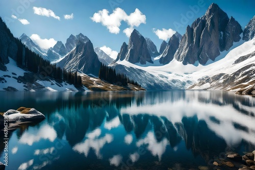 lake nestled between two majestic peaks, reflecting the snow-capped summits