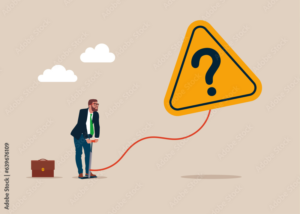 Businessman pumps up a balloon of a question mark floats higher