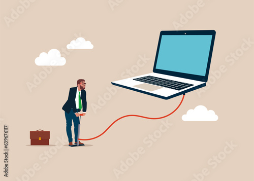Businessman pumps up a balloon of a computer floats higher. The business improve and growth concept. Vector illustration.
