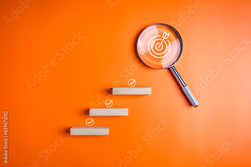 Target goal and checklist icons on background, Business growth process, Business strategy planning management, Business workflow development, Quality control assessment, Economic improvement
