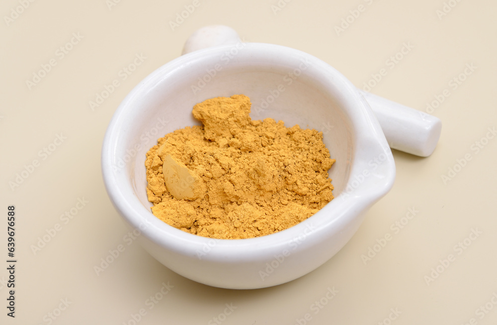 Yellow ochre or ocher Goldochre pigment. A mixture of ferric oxide and varying amounts of clay and sand. Yellow ochre or ocher Goldochre pigment. A mixture of ferric oxide and varying amounts of clay and sand.