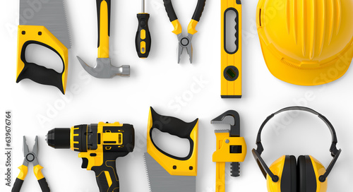 Flying view of yellow construction tools for repair on white background