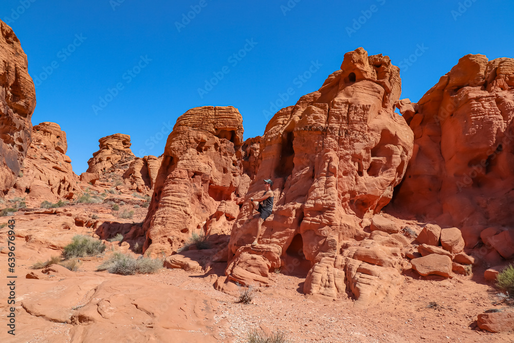 Man sitting on red rock sandstone formation in Valley of Fire State Park, Nevada, USA. Aztec Sandstone, which formed from shifting sand dunes. Road trip in summer on a hot sunny day with blue sky