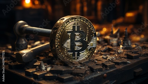 Digital cryptocurrency bitcoin is mined, forge a bitcoin coin on a carpentry table with blacksmith tools. Made in AI