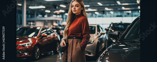 Beautiful young woman is buying new luxury car. generative ai