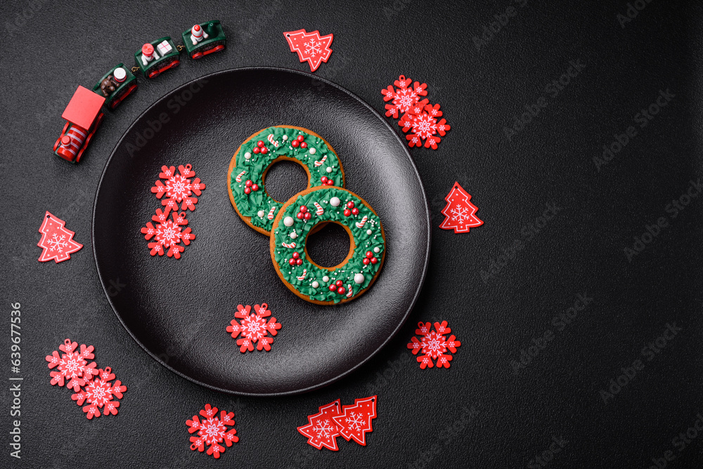 Beautiful festive Christmas gingerbread made by hand with decoration elements