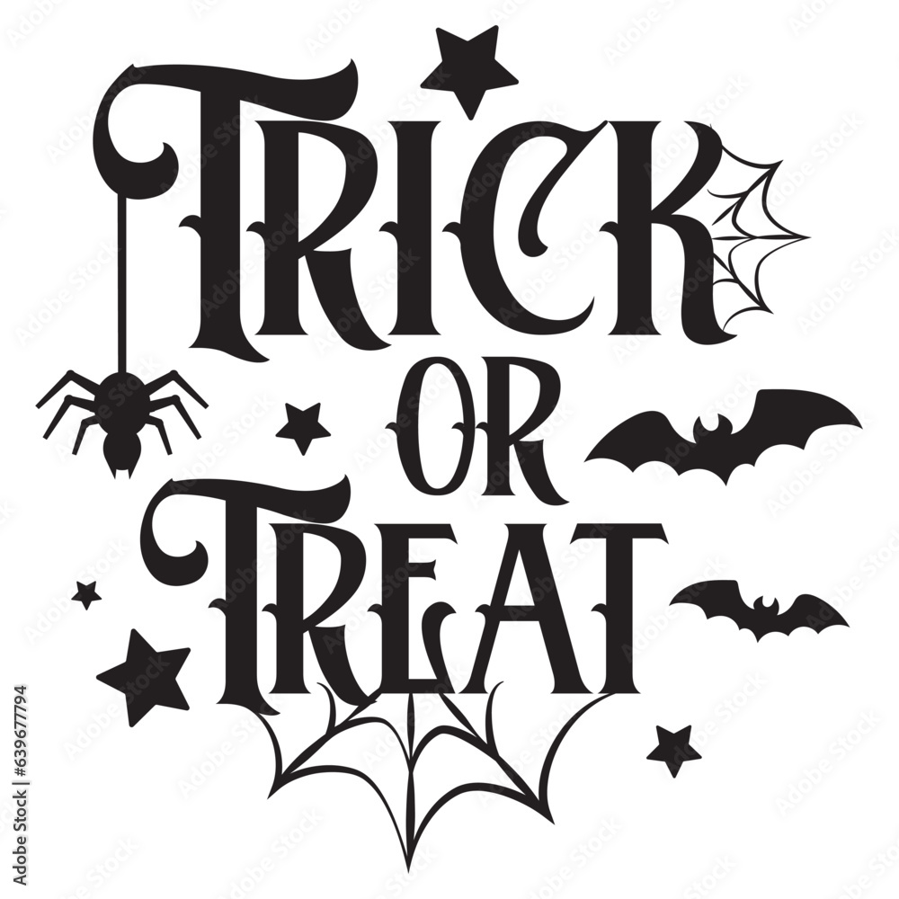 Naklejka premium Trick or Treat quote. Halloween vector illustration with bats, spider and spiderwebs. Halloween typography style