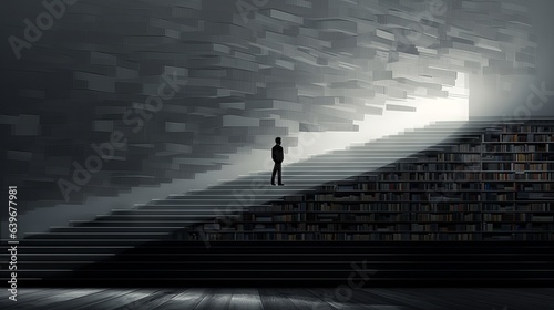 Illustration of human walking in stairs made of bookshelves. Made with Generative AI © Paul