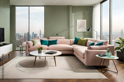 Modern living room with comfortable sofa, pastel colored walls, large windows, stairs to the second floor. A combination of dusty pink and shades of green. Trendy color combination. 