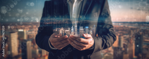 Photo of a businessman holding a smart phone. Double exposure photo of the panoramic city . Generative AI