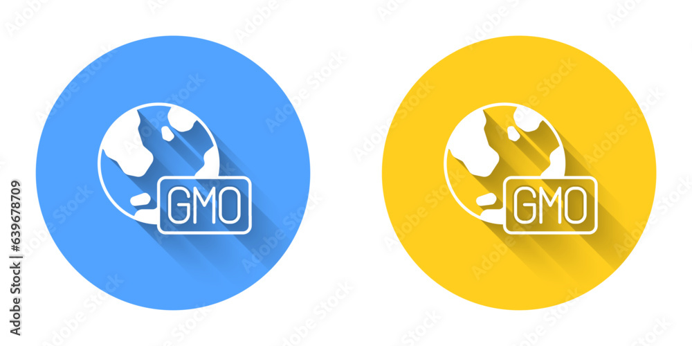 White GMO icon isolated with long shadow background. Genetically modified organism acronym. Dna food modification. Circle button. Vector White GMO icon isolated with long shadow background. Genetically modified organism acronym. Dna food modification. Circle button. Vector