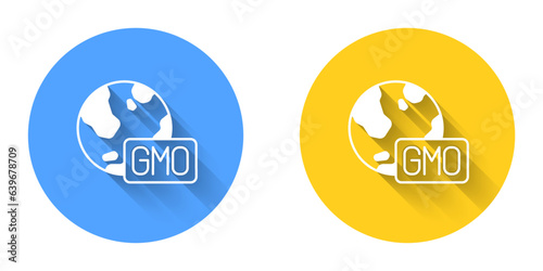 White GMO icon isolated with long shadow background. Genetically modified organism acronym. Dna food modification. Circle button. Vector