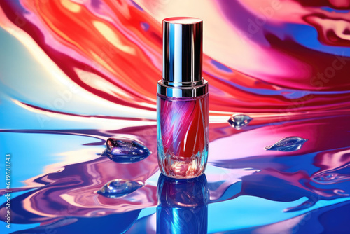 A bottle of perfume on a colorful mirror surface. AI generated