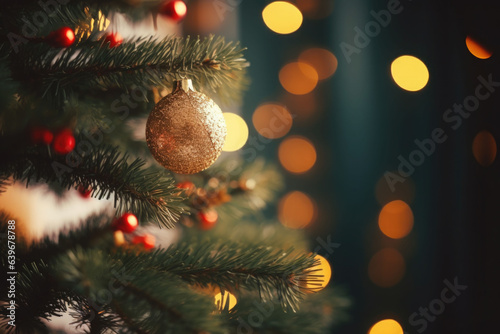 Close up of a christmas tree branch. Christmas lighting  decorations  blurry in background. AI generated
