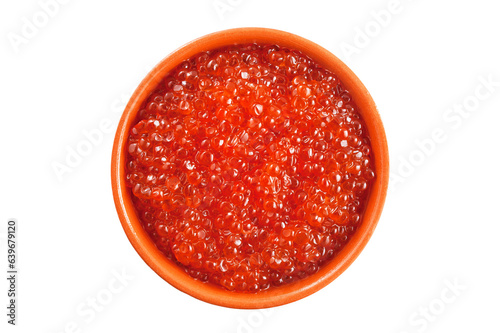Salmon caviar in a clay pot on a transparent background.