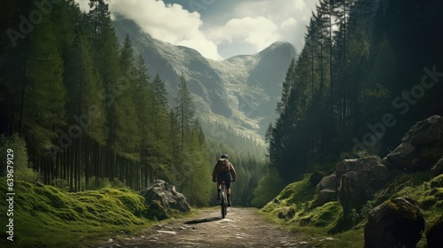 Biker riding bicycle in deep forest with mountain background, Generative AI 