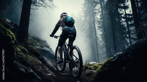 Biker riding bicycle in deep forest with mountain background, Generative AI 